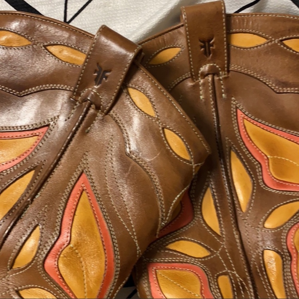 Frye Brown Leather Western Heeled Boots with Yellow & Orange Inlays - Picture 2 of 6